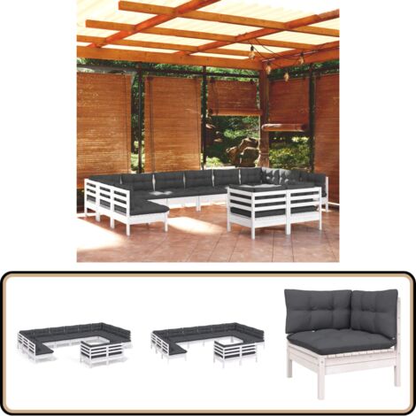 12-tlg. Garten-Lounge-Set mit Kissen Weiß Kiefer Massivholz - Gartensessel - Lounge Set - Gartenmöbel - Outdoor Möbel - Kiefernholz