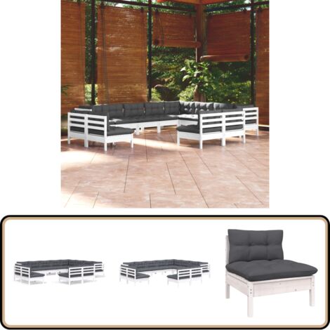 12-tlg. Garten-Lounge-Set mit Kissen Weiß Massivholz Kiefer - Gartenzubehör - Lounge Set - Gartenmöbel - Outdoor Möbel - Kiefernholz