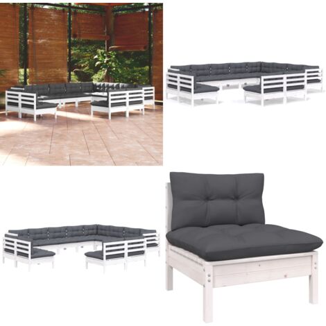12-tlg. Garten-Lounge-Set mit Kissen Weiß Massivholz Kiefer - Gartenzubehör - Lounge Set - Gartenmöbel - Outdoor Möbel - Kiefernholz - Home & Living