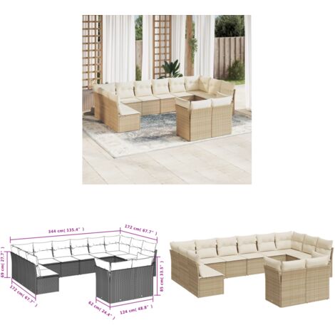 12-tlg. Garten-Sofagarnitur mit Kissen Beige Poly Rattan - Gartensofas - Outdoor Möbel - Lounge Set - Gartenlounge - Rattan Sofa - Home & Living