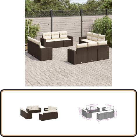12-tlg. Garten-Sofagarnitur mit Kissen Braun Poly Rattan - Gartensortiment - Outdoor Möbel - Gartenlounge - Rattan Sofa - Lounge Set