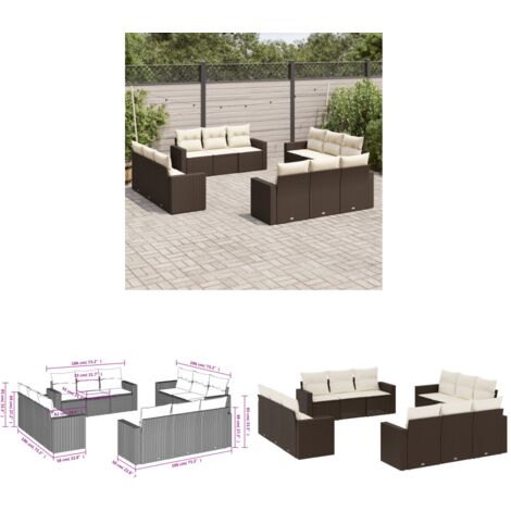 12-tlg. Garten-Sofagarnitur mit Kissen Braun Poly Rattan - Gartensortiment - Outdoor Möbel - Gartenlounge - Rattan Sofa - Lounge Set - Home & Living