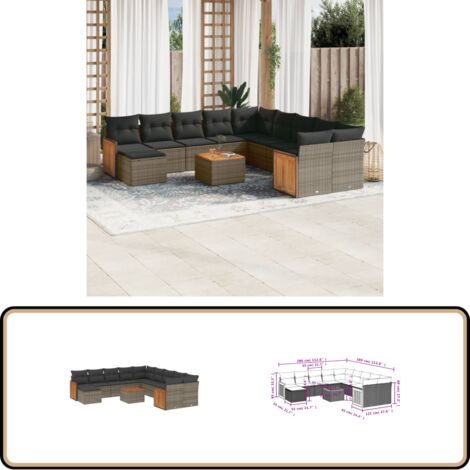 12-tlg. Garten-Sofagarnitur mit Kissen Grau Poly Rattan - Gartenmöbel - Esstischgarnitur - Lounge Set - Outdoor Möbel - Rattan Gartenmöbel