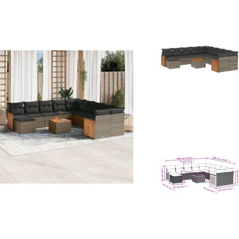 12-tlg. Garten-Sofagarnitur mit Kissen Grau Poly Rattan - Gartenmöbel - Esstischgarnitur - Lounge Set - Outdoor Möbel - Rattan Gartenmöbel