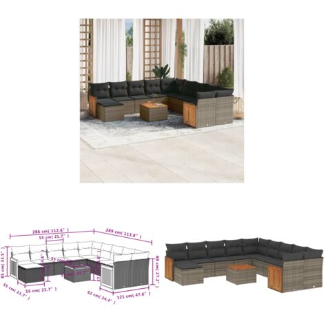 12-tlg. Garten-Sofagarnitur mit Kissen Grau Poly Rattan - Gartenmöbel - Esstischgarnitur - Lounge Set - Outdoor Möbel - Rattan Gartenmöbel - Home & Living