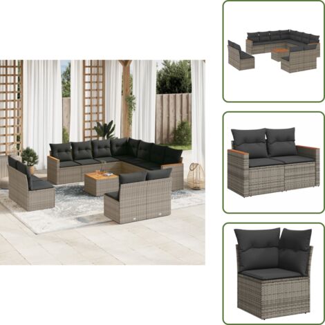 12-tlg. Garten-Sofagarnitur mit Kissen Grau Poly Rattan - Gartenmöbel - Rattan Gartenmöbel - Outdoor Möbel - Lounge Set - Esstisch