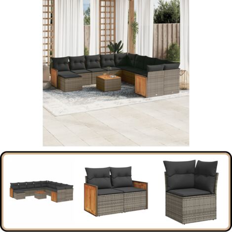 12-tlg. Garten-Sofagarnitur mit Kissen Grau Poly Rattan - Gartenmöbel Set - Rattan Möbel - Outdoor Möbel - Gartenlounge - Esstisch
