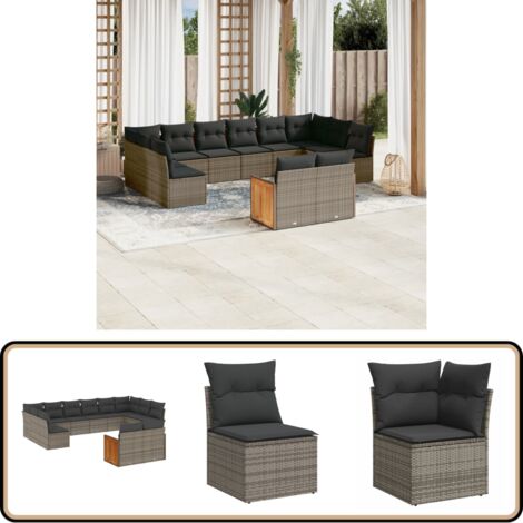 12-tlg. Garten-Sofagarnitur mit Kissen Grau Poly Rattan - Gartensortiment - Gartenmöbelset - Outdoor Möbel - Lounge Set - Rattan Gartenmöbel