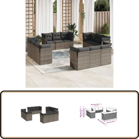 12-tlg. Garten-Sofagarnitur mit Kissen Grau Poly Rattan - Gartensortiment - Outdoor Möbel - Lounge Set - Rattan Sofa - Gartenlounge