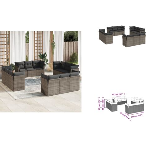12-tlg. Garten-Sofagarnitur mit Kissen Grau Poly Rattan - Gartensortiment - Outdoor Möbel - Lounge Set - Rattan Sofa - Gartenlounge