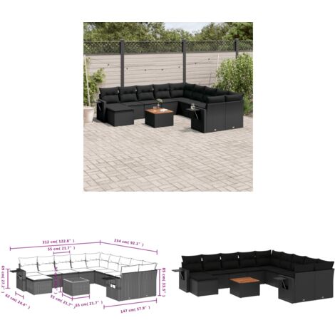 12-tlg. Garten-Sofagarnitur mit Kissen Schwarz Poly Rattan - Gartenmöbel - Esszimmergarnituren - Outdoor Möbel - Lounge Set - Rattan Gartenmöbel - Home & Living