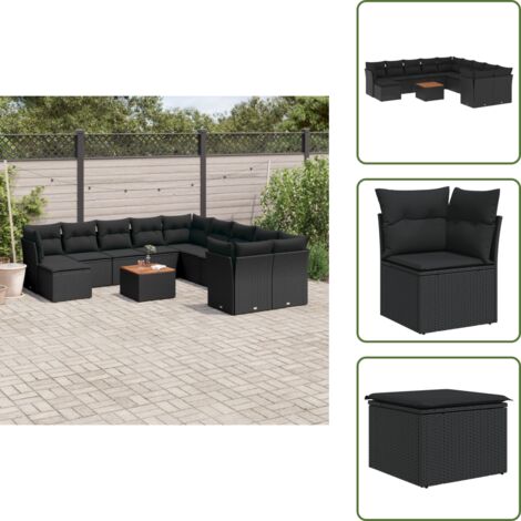12-tlg. Garten-Sofagarnitur mit Kissen Schwarz Poly Rattan - Gartenmöbel - Outdoor Möbel - Lounge Set - Esstisch - Sofa Set