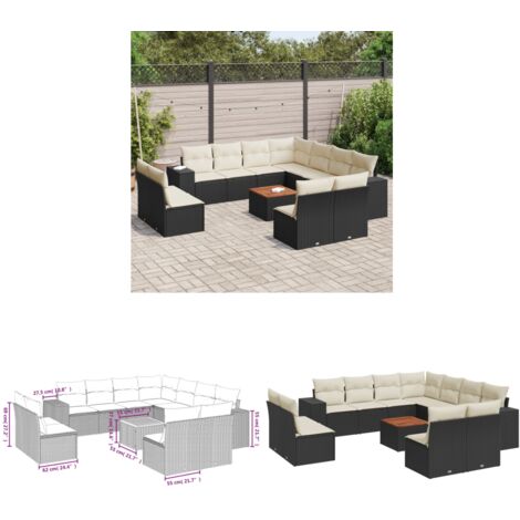 12-tlg. Garten-Sofagarnitur mit Kissen Schwarz Poly Rattan - Gartenmöbel Set - PE-Rattan Möbel - Outdoor Lounge - Esstisch - Gartenecke - Home & Living
