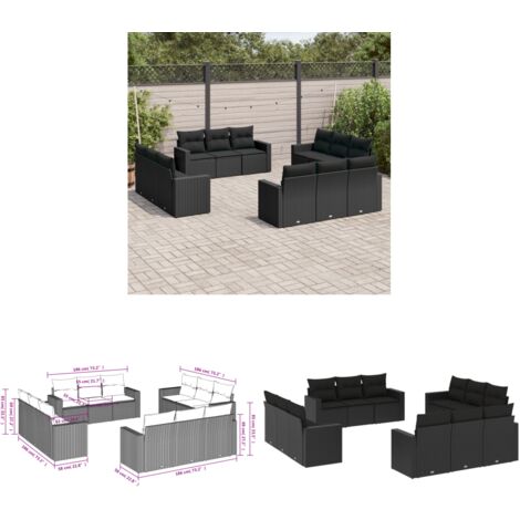 12-tlg. Garten-Sofagarnitur mit Kissen Schwarz Poly Rattan - Gartensofa - Outdoor Möbel - Lounge Set - Rattan Sofa - Gartenmöbel - Home & Living
