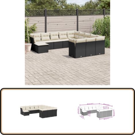 12-tlg. Garten-Sofagarnitur mit Kissen Schwarz Poly Rattan - Gartensofas - Outdoor Möbel - Lounge Set - Rattan Sofa - Gartenlounge