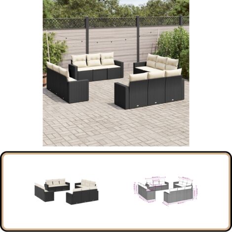 12-tlg. Garten-Sofagarnitur mit Kissen Schwarz Poly Rattan - Gartensorgaarnitur - Outdoor Möbel - Lounge Set - Rattan Sofa - Gartenlounge