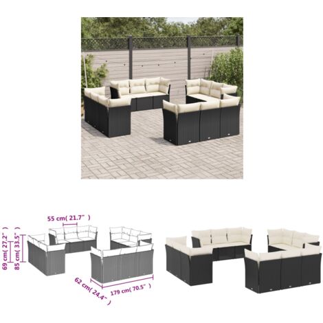 12-tlg. Garten-Sofagarnitur mit Kissen Schwarz Poly Rattan - Gartensorte - Outdoor Möbel - Lounge Set - Gartenlounge - Rattan Sofa - Home & Living