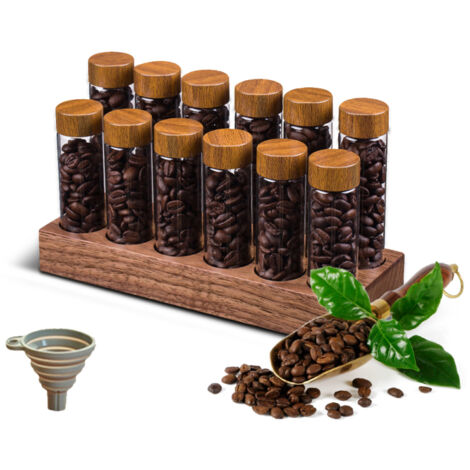 12 tubos monodosis para almacenar granos de café, de vidrio borosilicato, con tapas, soporte de madera y embudo para encimera.