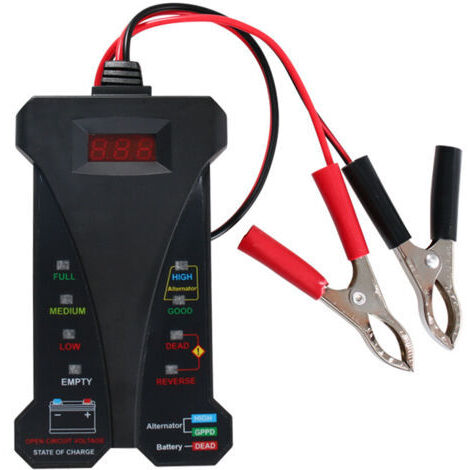 12-V-Digitalbatterietester, Voltmeter und Lichtmaschinen-Ladesystemanalysator mit LCD-Display und LED-Anzeige, schwarze Gummilackierung