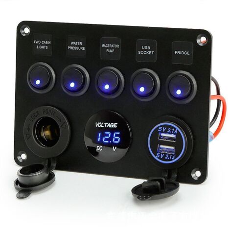 12-V-Marine-Schalttafel, 4,2-A-USB-Ladeanschluss + Zigarettenanzünderbuchse + Voltmeteranzeige, wasserdichte IP65-Wippschalter für die Schaltkreissteuerung von Autobooten