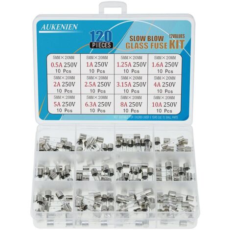 12 Valeurs 120 Pièces 250V Fusible à action lente en Verre Temporisé T 0,5A 1A 1,25A 1,6A 2A 2,5A 3,15A 4A 5A 6,3A 8A 10A 250V 5x20mm 0,2x0,78pouce Kit D'assortiment de Fusibles Maison