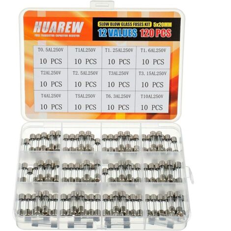 12 valeurs 120 pièces 5x20 mm Fusible en verre à fusion lente 0,2 x 0,78 pouce 250 V Volt T0,5 T1 T1.25 T1.6 T2 T2.5 T3 T3.15 T4 T5 T6.3 T10 Ampli Kit de classification