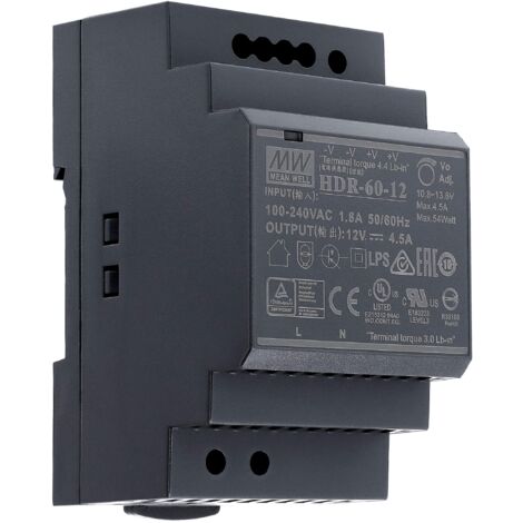 12 VDC  4,5 A  54 Watt  Mean Well HDR-60-12 alimentatore guida DIN Rail