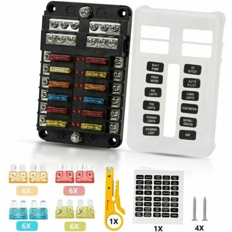 12 Voies Boîte Fusibles,12V Porte Fusible,32V 100A avec 12 Voyants LED Couvercle de Protection étanch,Boîte à Fusibles avec 24 Voiture Fusible à Lame pour Voiture Auto Moto Bateau Marine