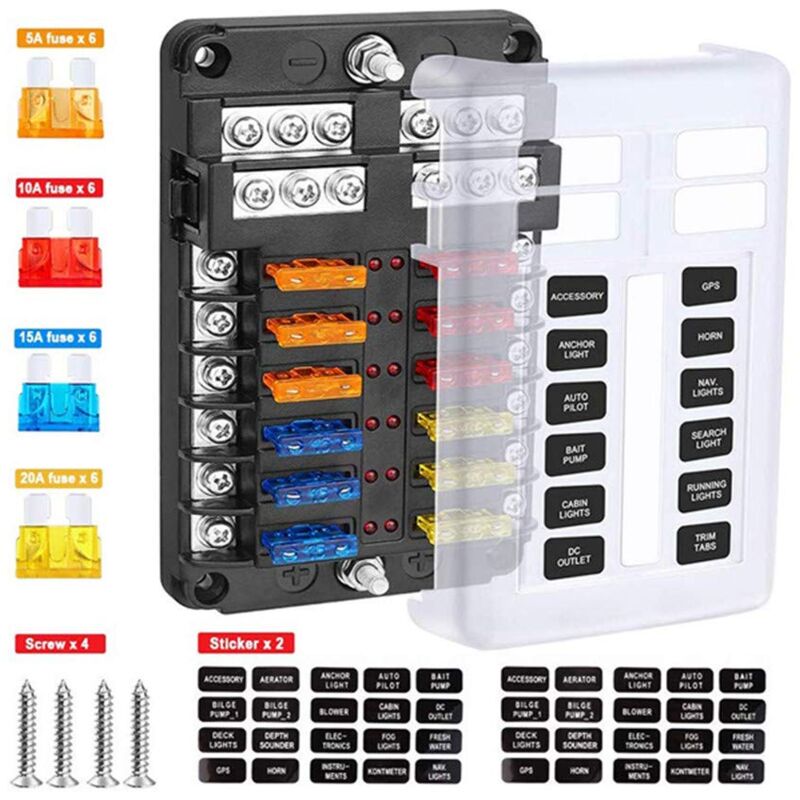 12 Voies Bote Fusibles, Lame de Bloc de Porte Fusibles avec Bus Négatif Bateau avec Indicateur led Couvercle de Protection étanch pour Bateau Camion
