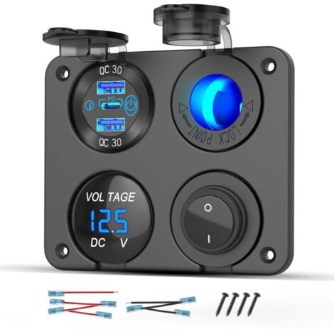 12-Volt USB Outlet RV Accessory 12V Marine Switch Panel, Aluminum Dual USB Port Charger PD30W and QC18W, 150W Cigarette Lighter Outlet, Blue Voltmeter and Rocker Switch