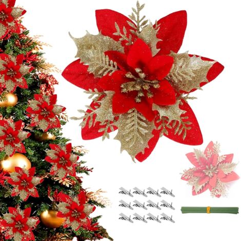 12 Weihnachtssternblüten, rote und goldene Deko-Weihnachtsblumen, künstliche Glitzer-Weihnachtsblumen mit Clip und Stielen, rot