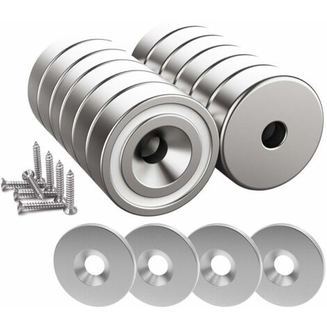 12 x 10 kg Neodym-Magnete (20 x 7 mm) mit Bohrung und Kappe, Senkkopf mit Schraube und 12 Stahllagern (silber glänzend)