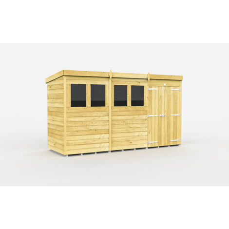 12 x 4 Feet Pent Shed - Double Door With Windows - Wood - L118 x W358 x H201 cm