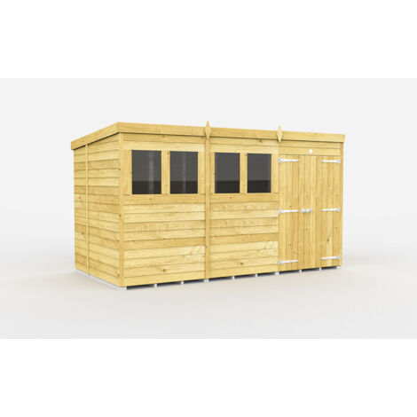 12 x 6 Feet Pent Shed - Double Door With Windows - Wood - L178 x W358 x H201 cm