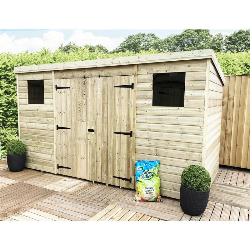 Marlborough Pent Sheds(bs) - 12 x 6 Large Pressure Treated Tongue And Groove Pent Shed With 2 Windows + Double Doors (Centre) + Safety Toughened Glass