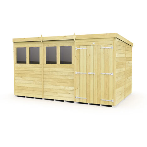 12 x 8 Feet Pent Shed - Double Door With Windows - Wood - L231 x W358 x H201 cm