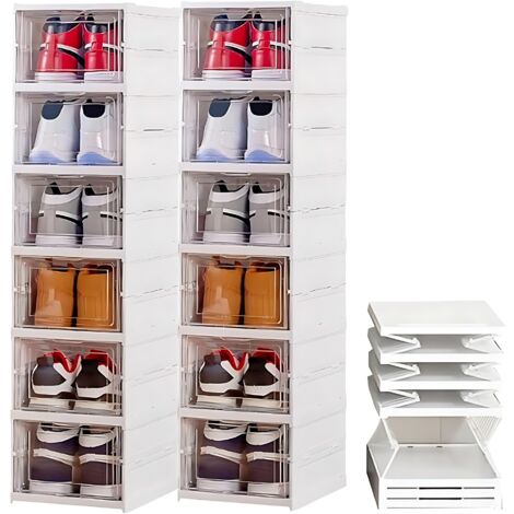 12 X Boîtes de rangement à chaussures pliables Blanc avec couvert transparente plastique