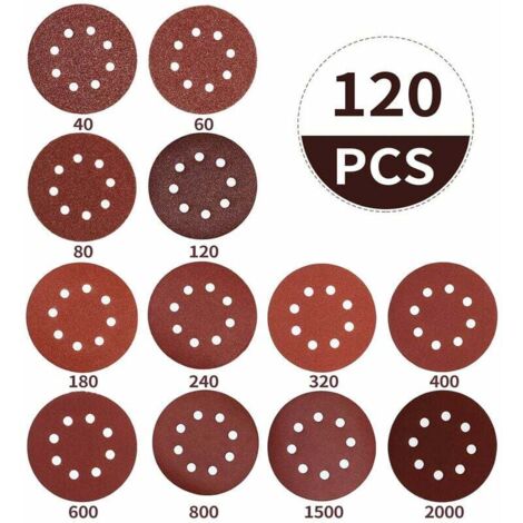 120 discos de lijado de 125 mm con 8 agujeros para lijadora orbital, grano 10 x 40/60/80/120/180/240/320/400/600/800/1500/2000