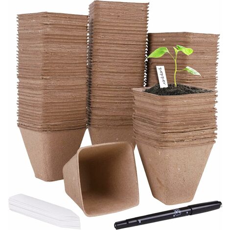 120 piezas de macetas de plántulas biodegradables, cubos de trasplante, cubo cuadrado de 8 cm para semillas, jardinería con 30 etiquetas de plantas para semillas, verduras, flores, suculentas