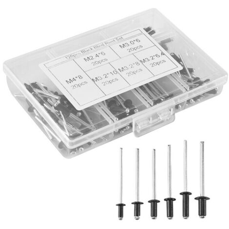 120 rivets aveugles aluminium noir M2.4 M3.0 M3.2 M4 assortiment meuble HW078
