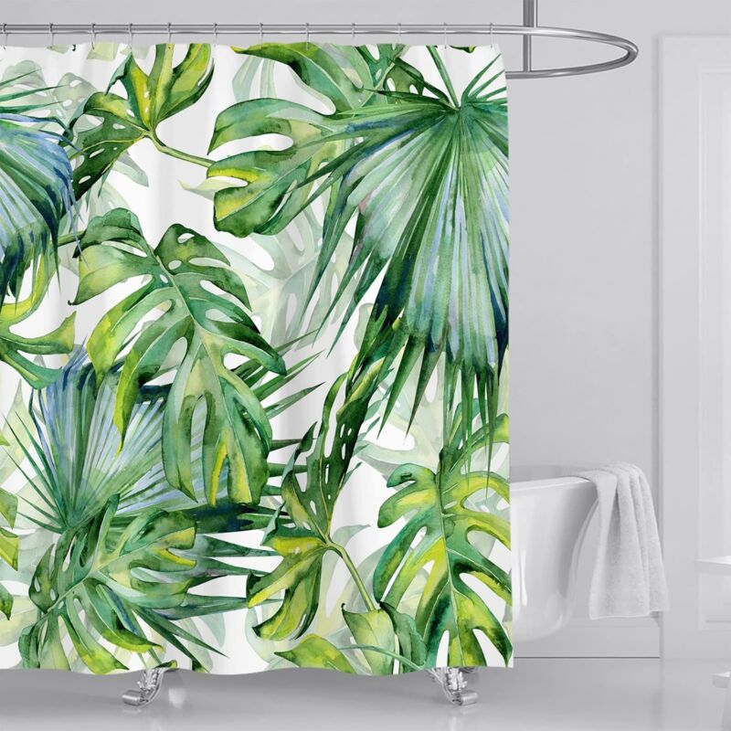 120 x 180 cmRideau de Douche Anti Moisissure Motif Feuille de Palmier Vert Rideau Douche Tissu Imperméable Polyester Plante Jungle Tropical Original