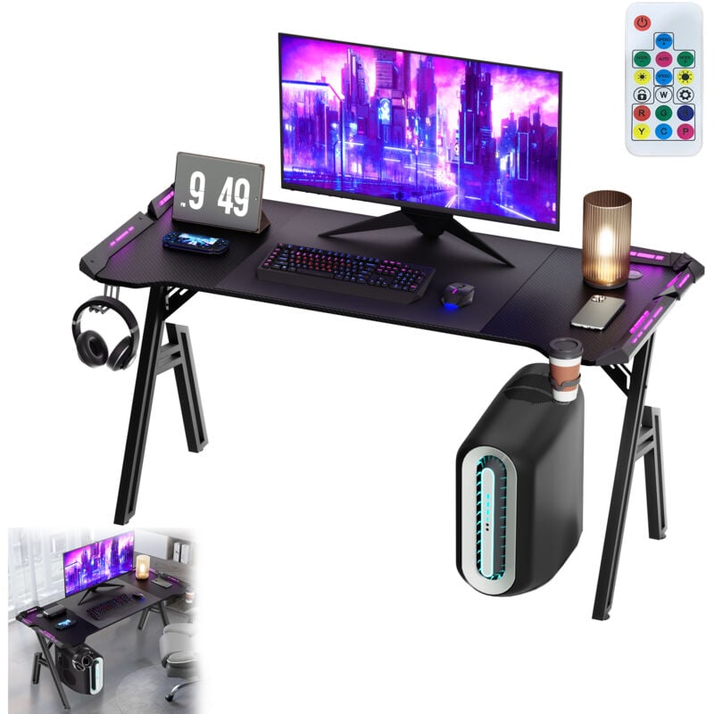 Hengmei - 120 x 60 cm A-Frame Gaming Table Bureau de jeu avec led rgb réglable, porte-boissons, crochets pour écouteurs & repose-pieds réglables