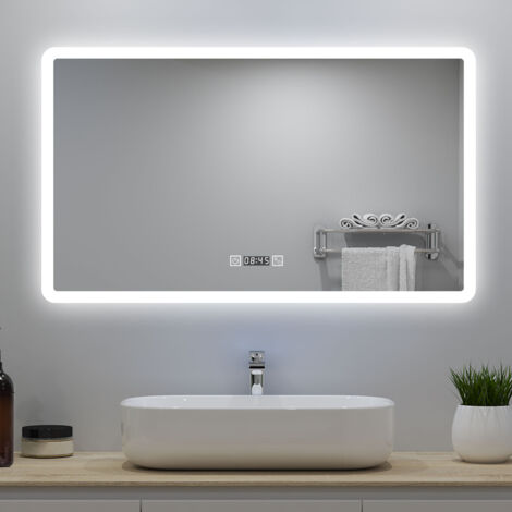120 x 70 cm Specchio da bagno(dimensioni grandi), orologio, Luci a LED, 3 temperature di colore, touch, IP44, antiappannamento