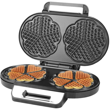 1200-W-Doppelwaffeleisen, Waffeleisen mit zwei herzförmigen Platten, stufenlose Temperaturregelung, Antihaftbeschichtung, Gehäuse aus schwarzem Edelstahl