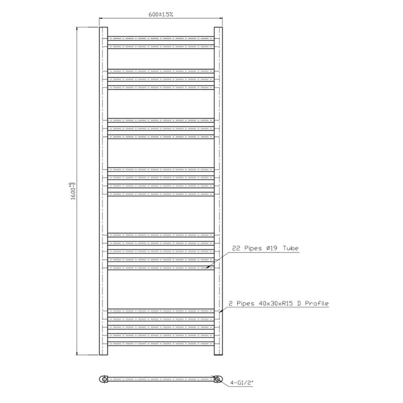 Anthracite Straight Heated Towel Rail Thermostatic Element Electric Dual Fuel 1600 x 600mm - Duratherm