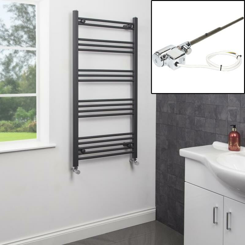 Anthracite Straight Heated Towel Rail Thermostatic Element Electric Dual Fuel 1200 x 600mm - Duratherm