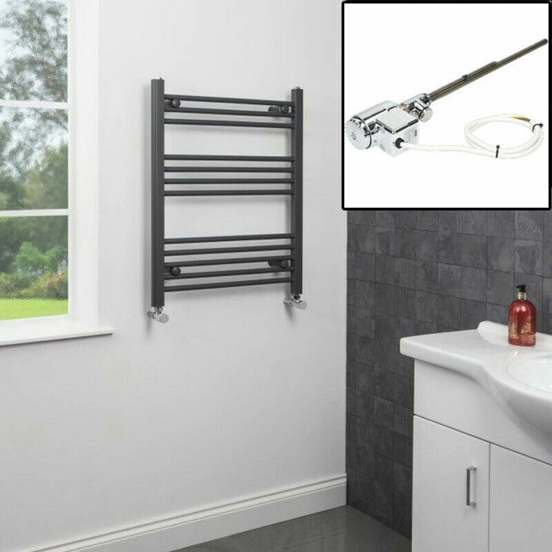 Anthracite Straight Heated Towel Rail Thermostatic Element Electric Dual Fuel 750 x 600mm - Duratherm