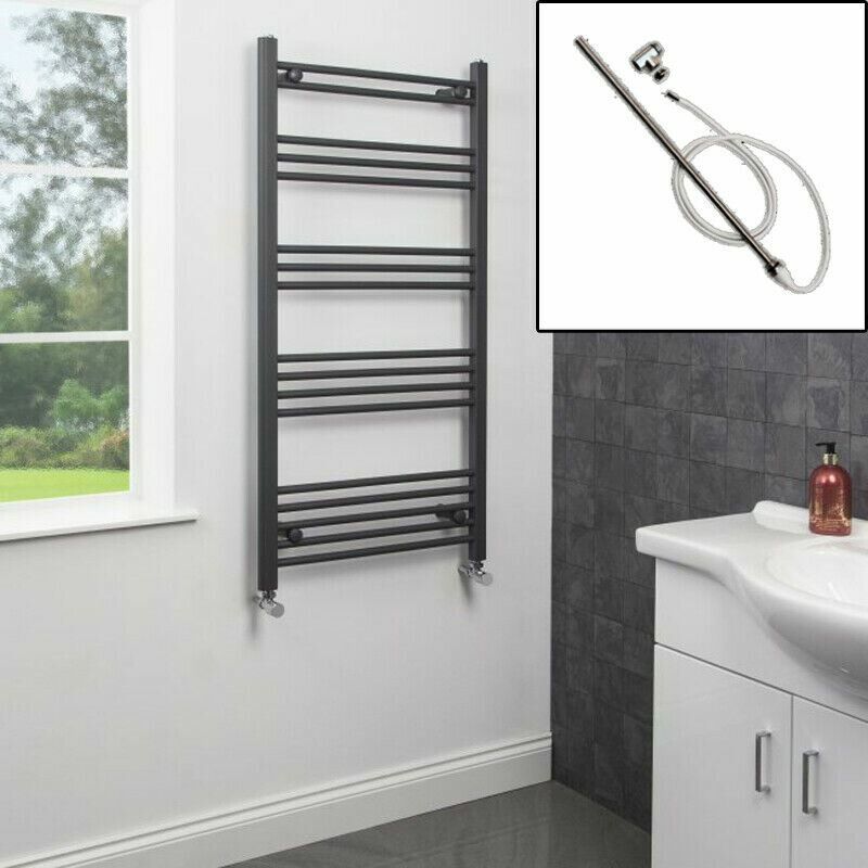 1200 x 600mm Bathroom Heated Towel Rail Dual Fuel Anthracite Flat Manual 17 Rail