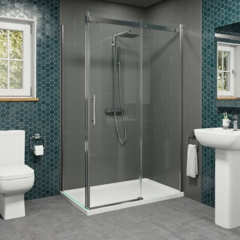 1200 x 900mm Sliding Shower Enclosure Door Side Panel 8mm Frameless Tray Waste