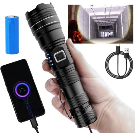 12000 lm leistungsstarke LED-Taschenlampe, IP65 wasserdichte zoombare Taschenlampe, ausgestattet mit 5000 mAh wiederaufladbarem Akku, Aluminium-Militär-LED-Taschenlampe für Camping, Wandern, Notfälle 